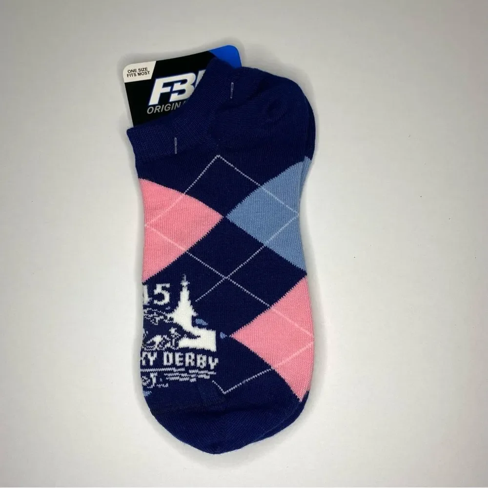 For Bare Feet Socks Kentucky Derby 145 6-11 White Pink Dot Band Blue Pink Argyle